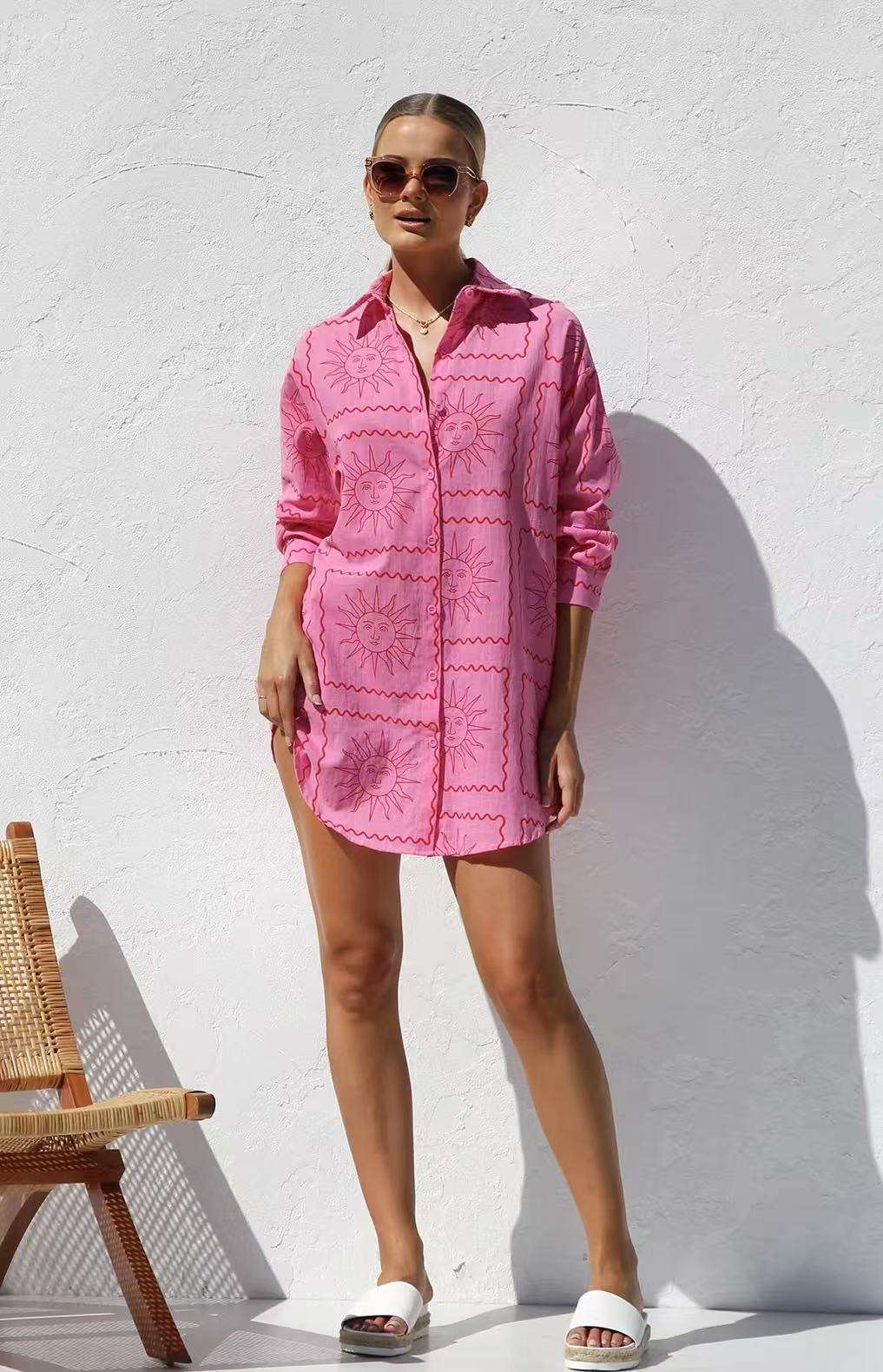 Celestial Print Button-Down Shirt - S, Rose image