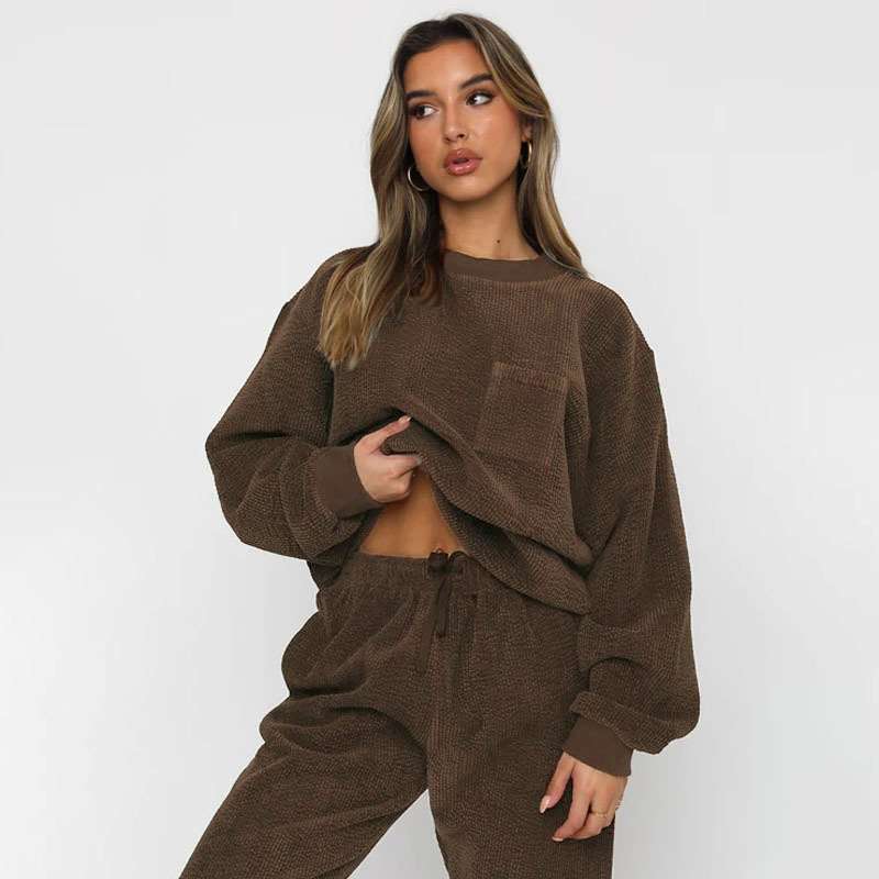 Fluffy Casual Pullover Tops Pants Sets - S, Brown image