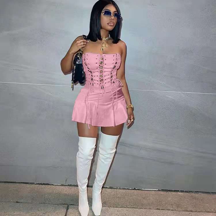Strapless Lace-Up Corset Mini Dress - M, Pink image