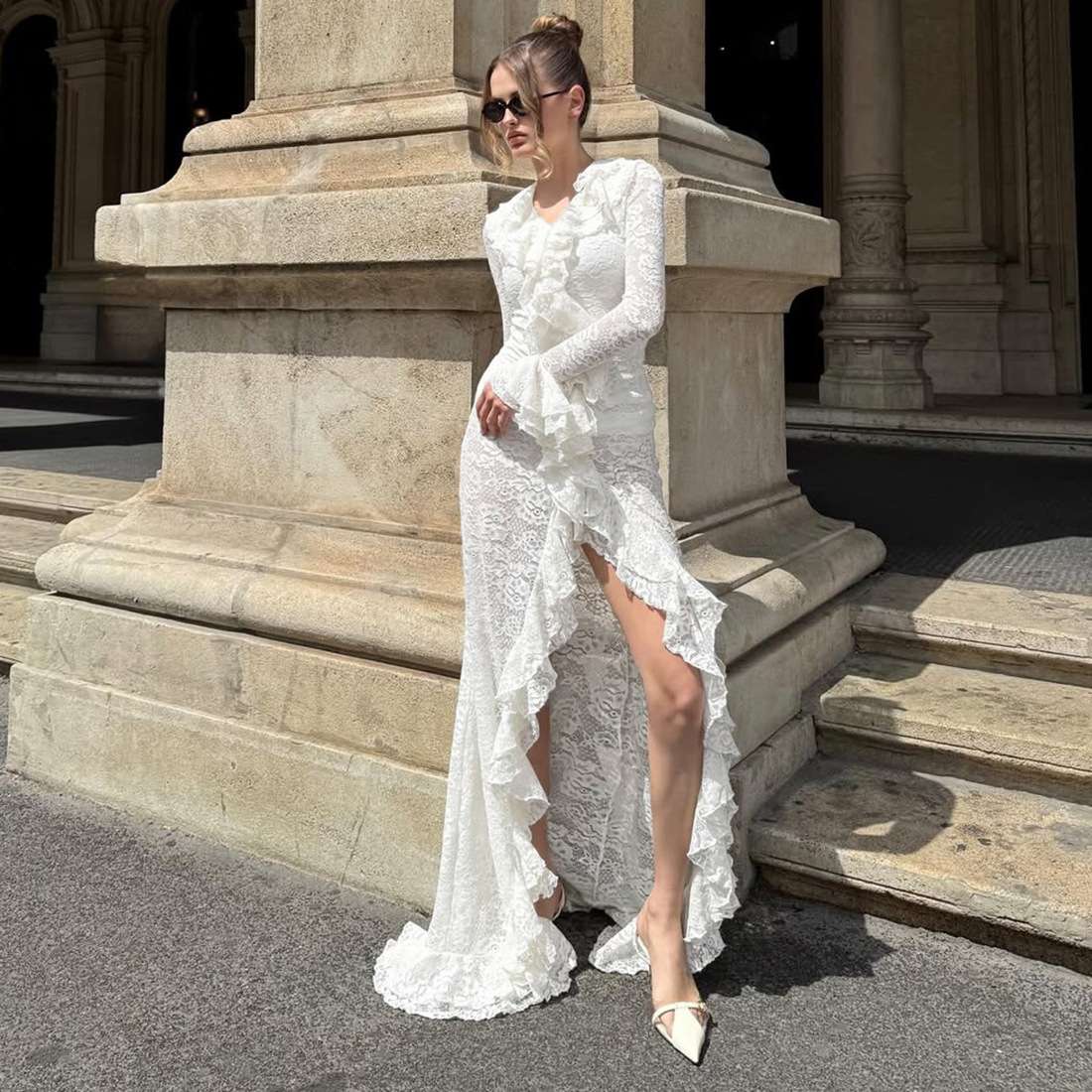 White Lace Ruffled Dress with High Slit - S, White image