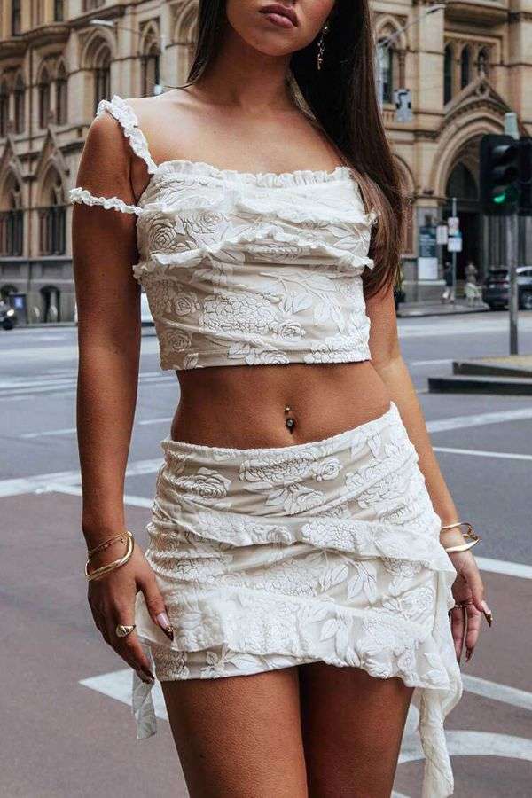 White Floral Embroidered Two-Piece Set - L, White image