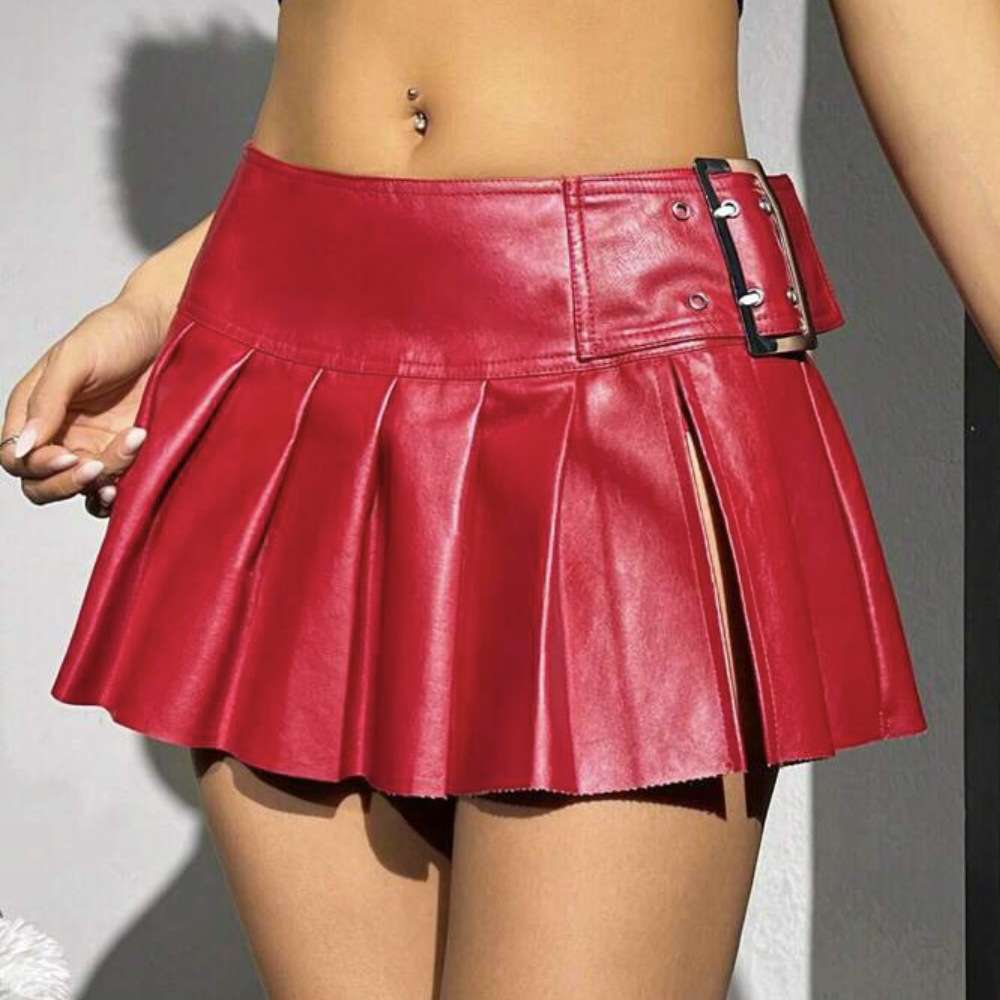 Faux Leather Pleated Mini Skirt - L, Red image