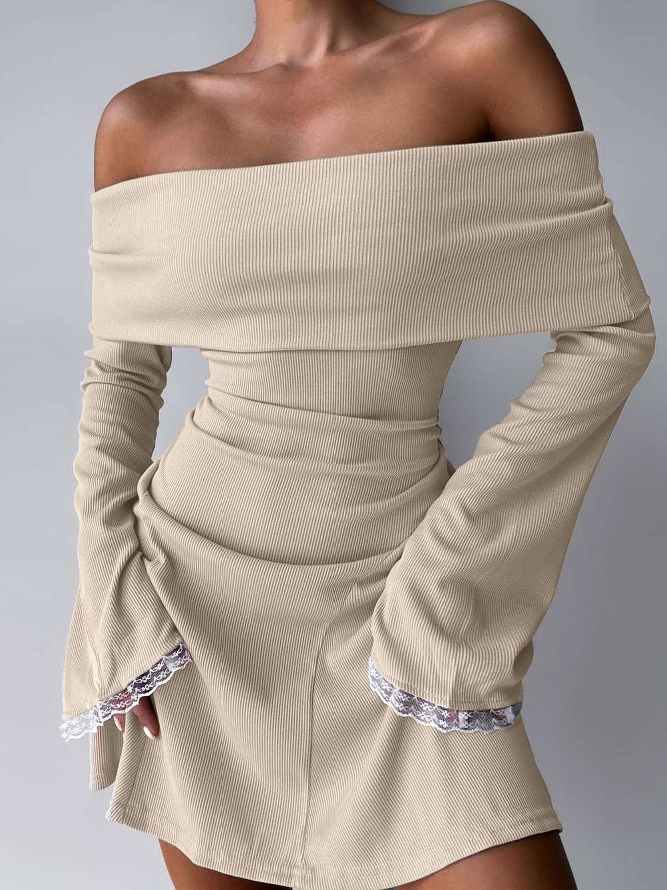 Off-Shoulder Sheath Dress - S, Beige image