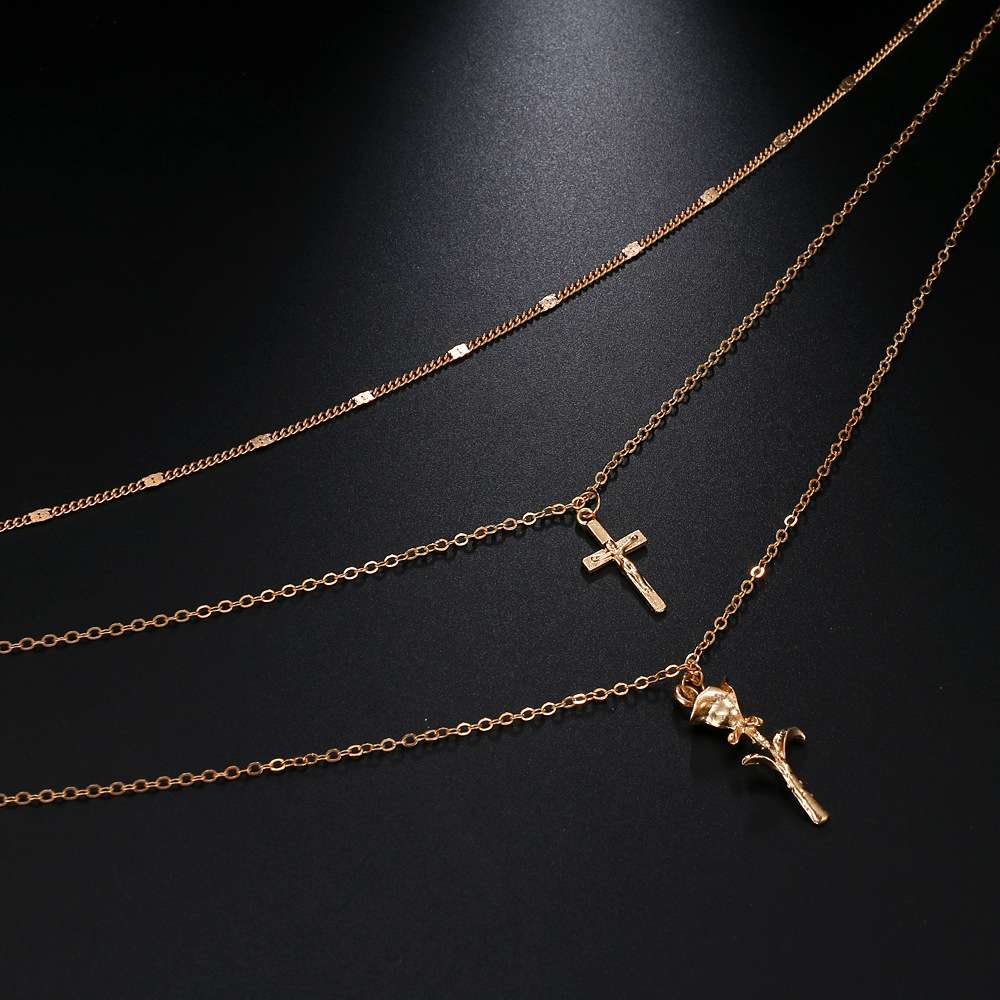 Layered Necklace Set with Cross and Leaf Pendant image 5