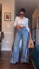 Wide-Leg Frayed Denim Pants - S, Blue image