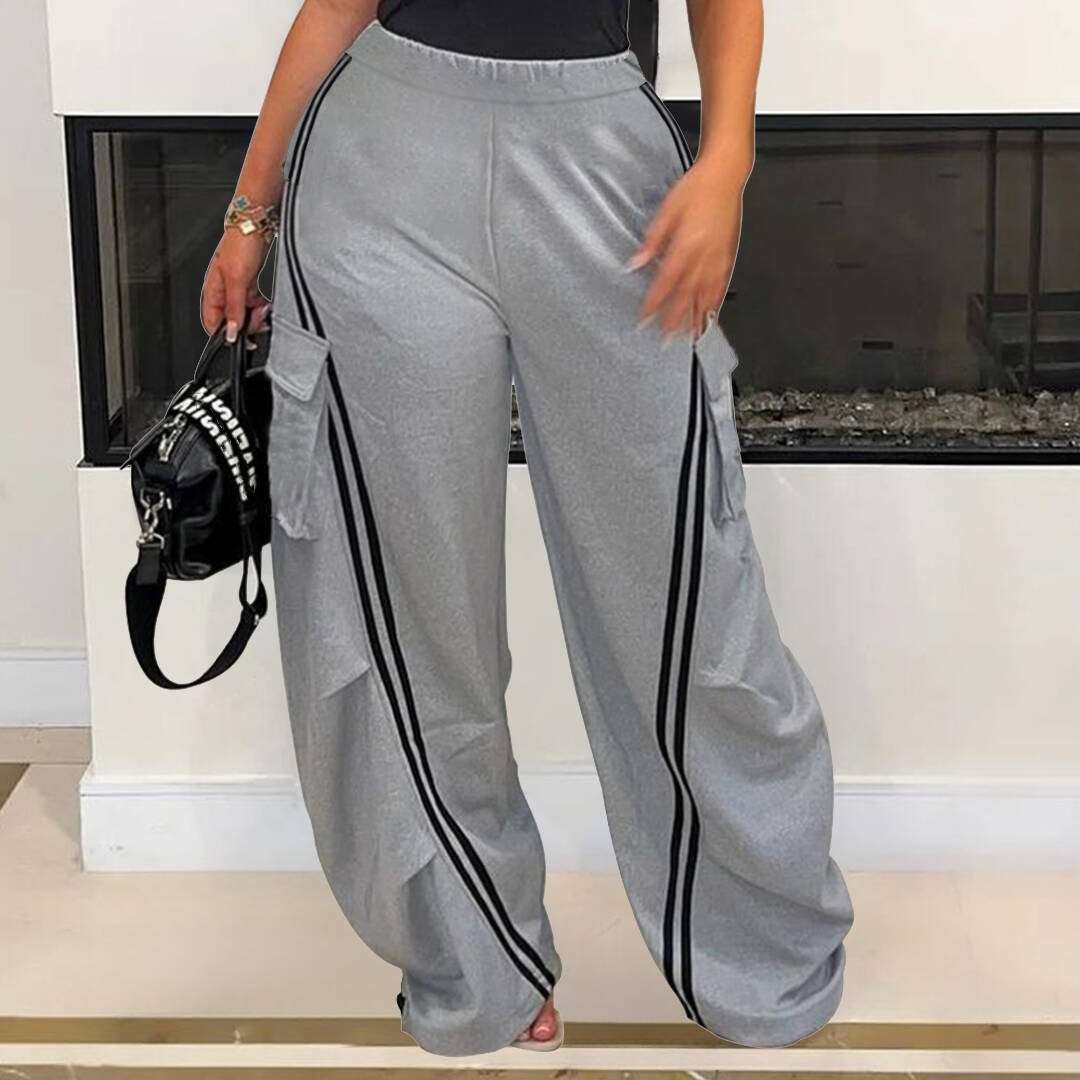 Wide leg straight casual striped pants - S, Grey image