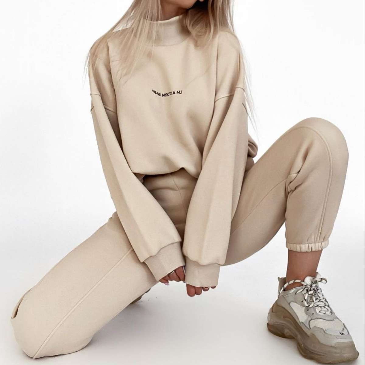 High Neck Top with High-Waist Joggers - M, Oat Beige image