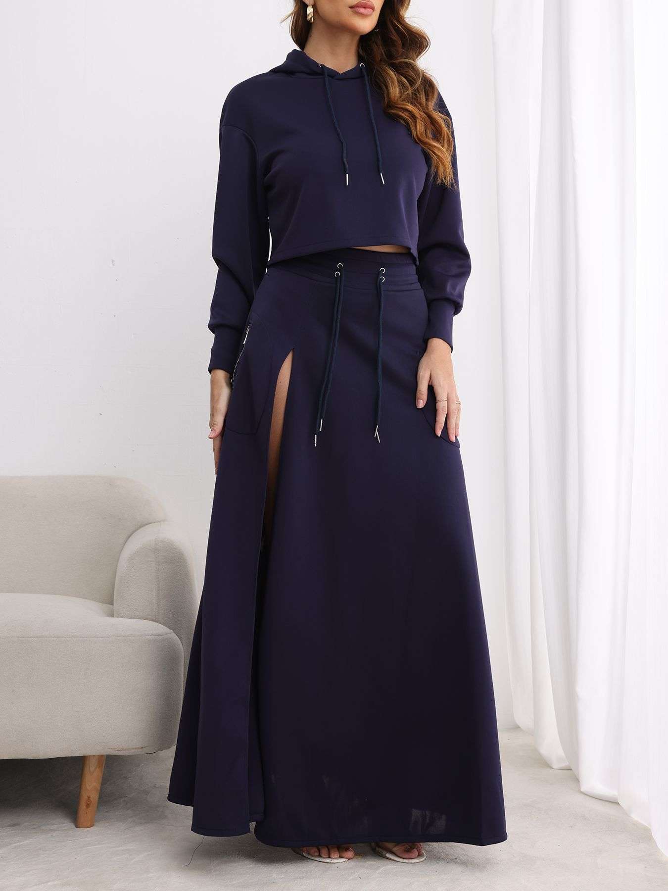 Casual 2 Piece Sweatshirts Split Skirt Sweatsuit - M, Deep Lake Blue image