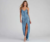Long Sequined Backless High Slit Straight Dress - L, Crystal Blue image