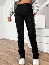 Fashionable High Waist Embroidered  Pants - XL, Black image