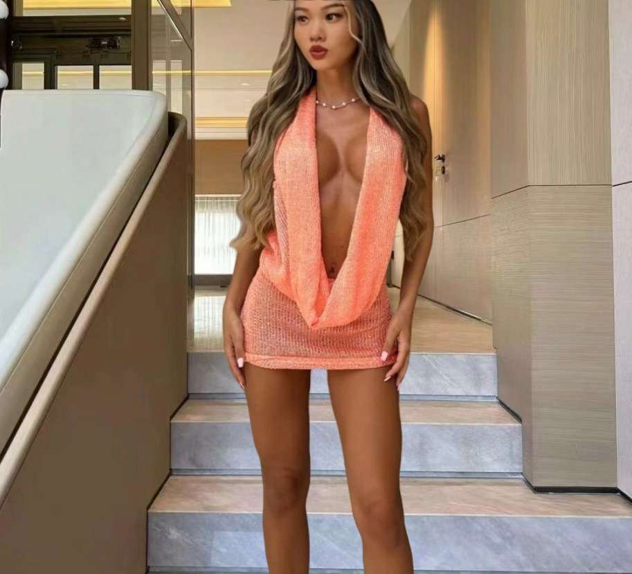 Textured Halter Dress with Deep V Neck image 0