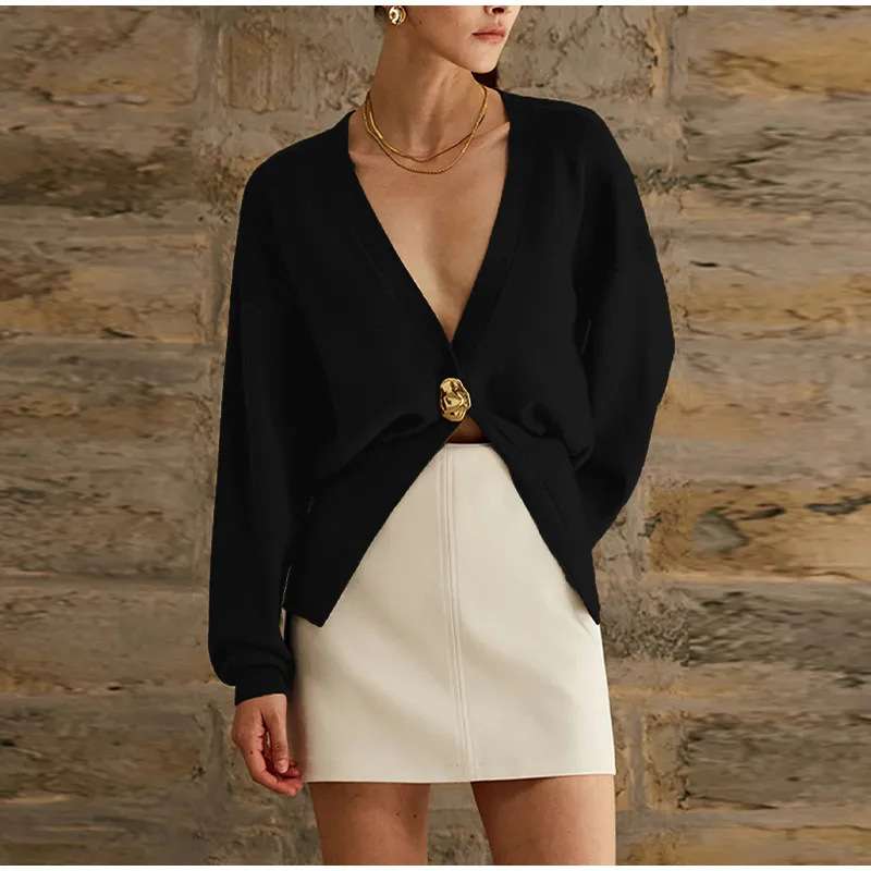 Knitted V-Neck Cardigan Sweaters - L, Black image