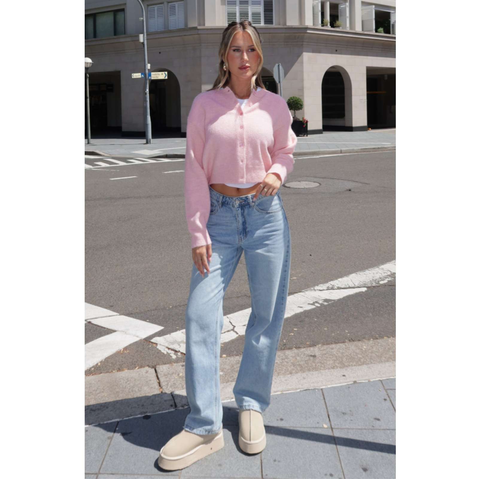 Button Down Cropped Cardigan Sweater - M, Pink image