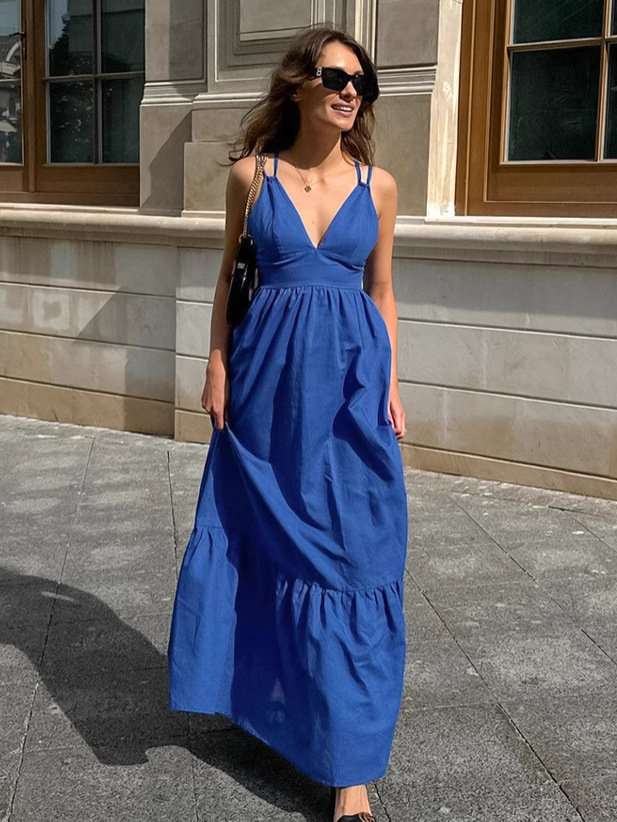 V-Neck Tiered Maxi Dress - S, Blue image