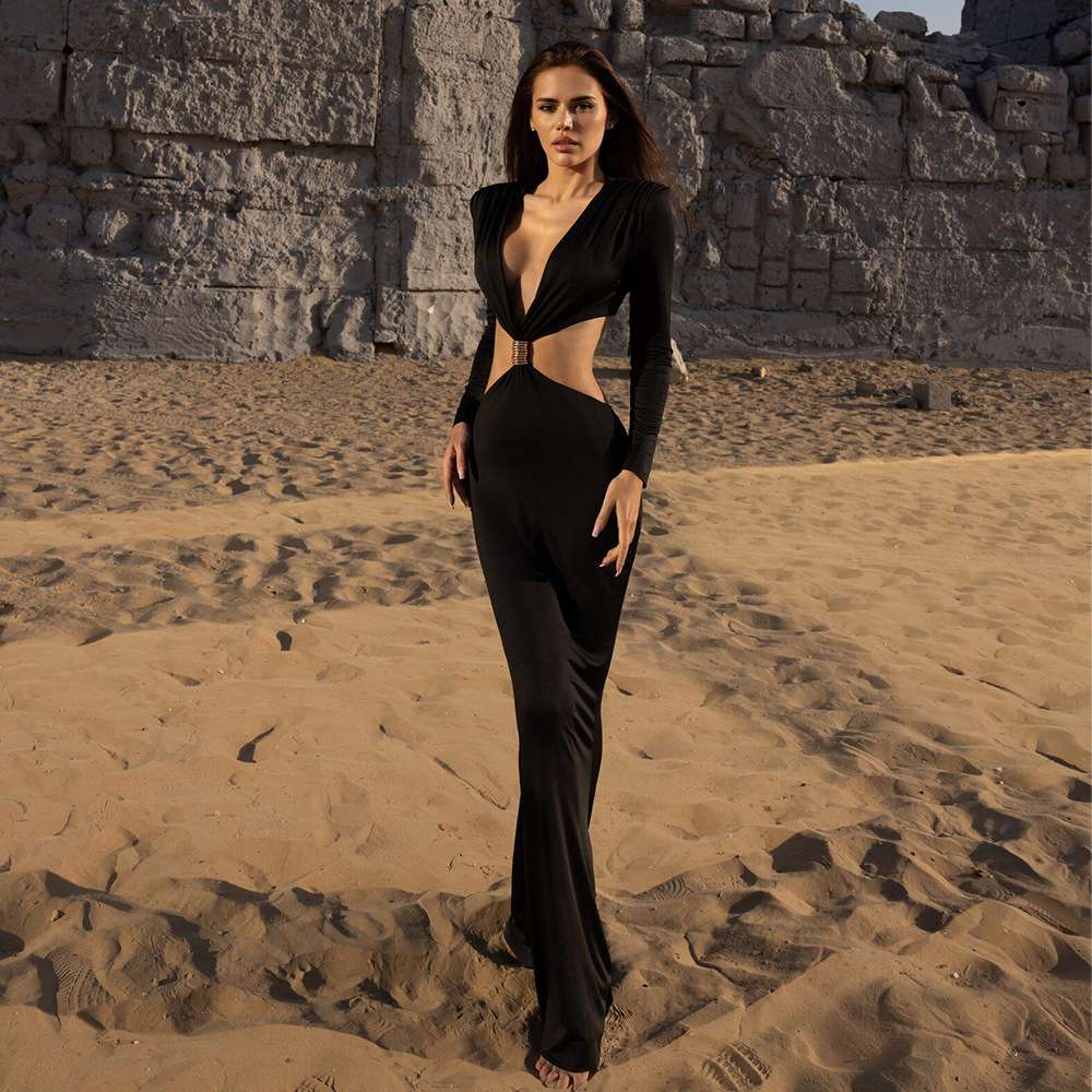 Cut-Out Evening Gown with Gold Belt Accent image 5