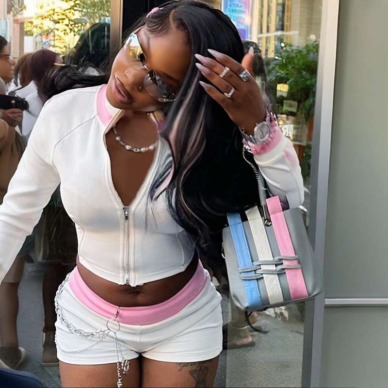 Zip-Up Cropped Jacket with Trim - L, Pink image