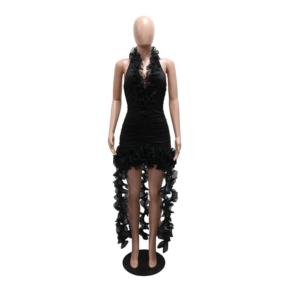 Black Ruffle Halter High-Low Dress image 4
