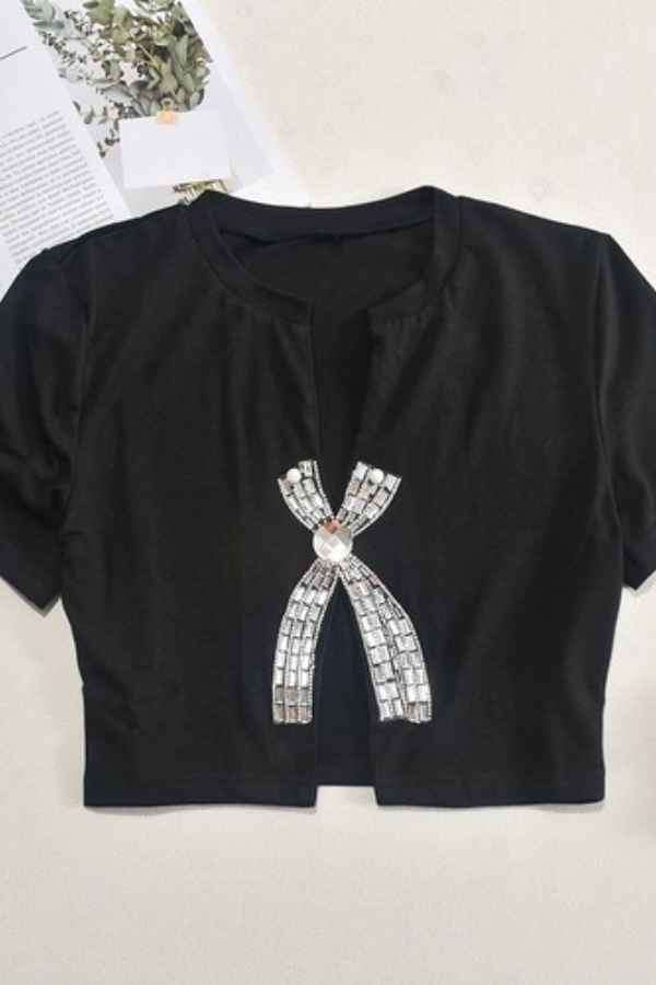 Split Cut Front Rhinestone Decor Short Sleeve Crop Top image 7