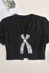 Split Cut Front Rhinestone Decor Short Sleeve Crop Top image 7