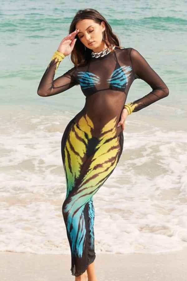 Sexy 3D Print See-Through Mesh Long Sleeve Maxi Dress image 3