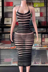 Sexy Mesh Patched Halter Neck Backless Knit Maxi Dress image 3