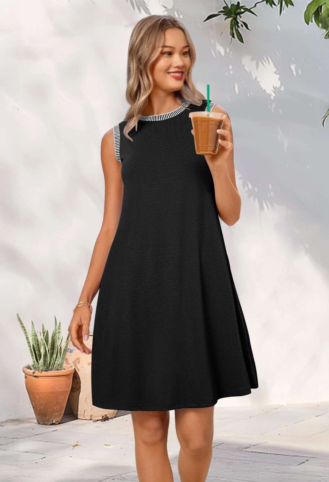 Casual Sleeveless Dress with Striped Trim image 1