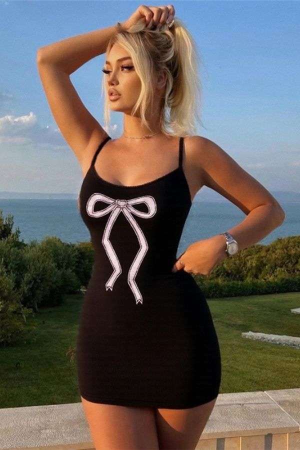 Mini Slip Dress with Bow Graphic - M, Black image