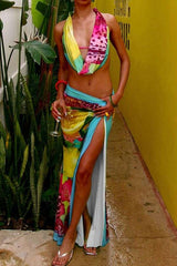 Floral-Print Halter Top & Wrap Skirt Set - L, Multi Blue image