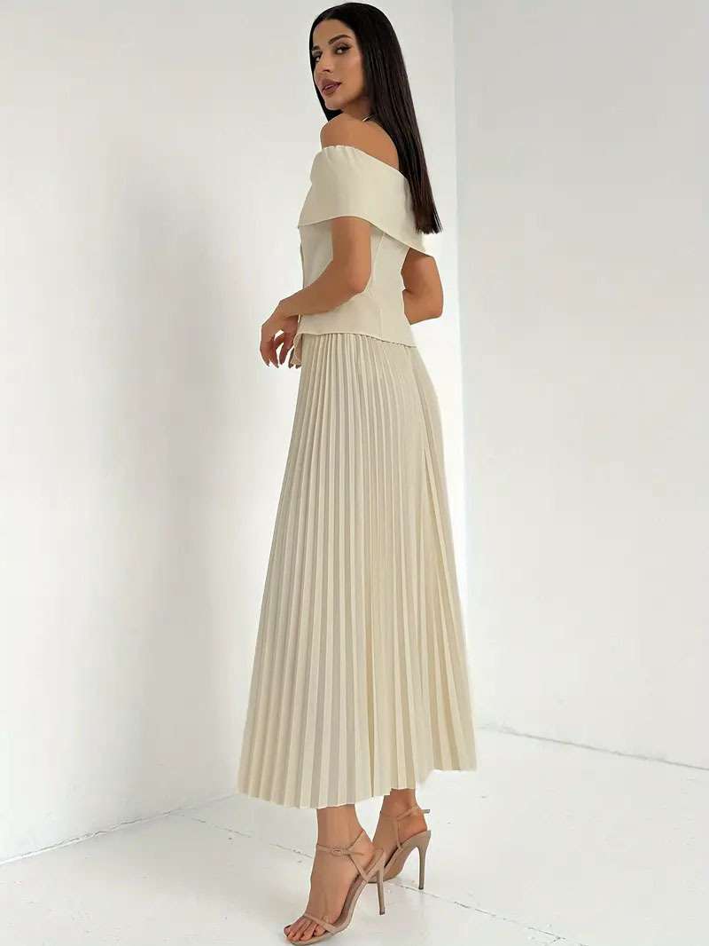 Off shoulder pleated blouse and skirt image 3