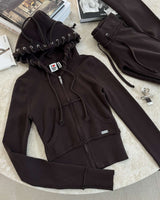 Contrast Patchwork Zipper Top Drawstring Pants Set - M, Black image