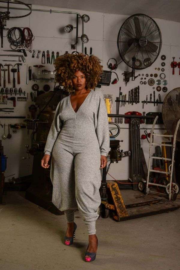 Solid Rib Knit V-Neck Jumpsuits - S, Whitecap Grey image