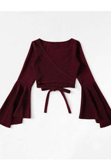 Bell Sleeve Tie Ups Crop Top - L, Maroon image