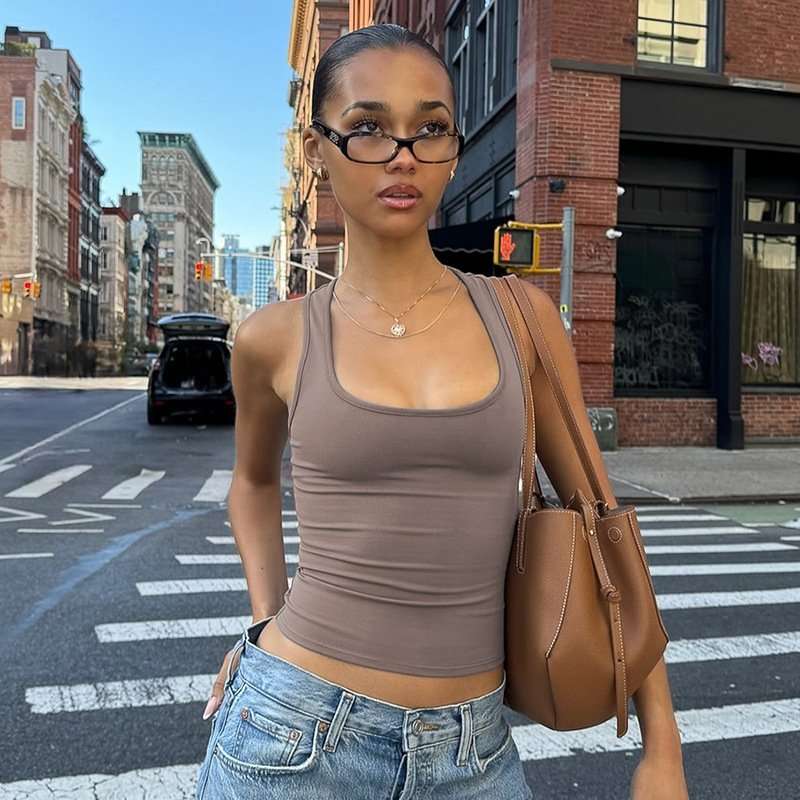 Square-Neck Fitted Tank Top - S, Leopard Beige image