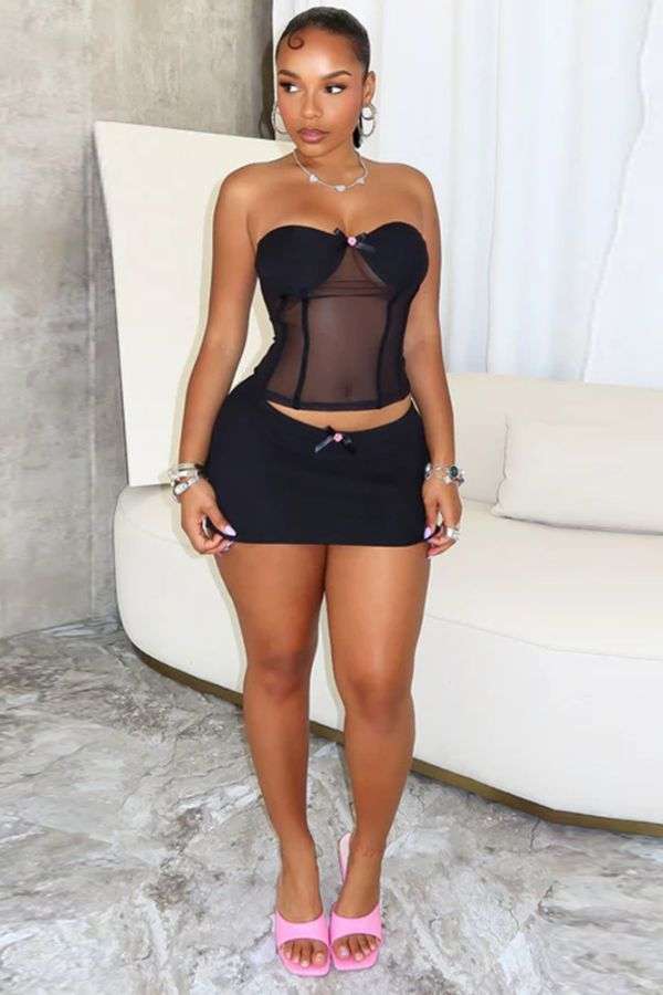 2 Piece See Through Bodycon Mini Skirt Set image 0