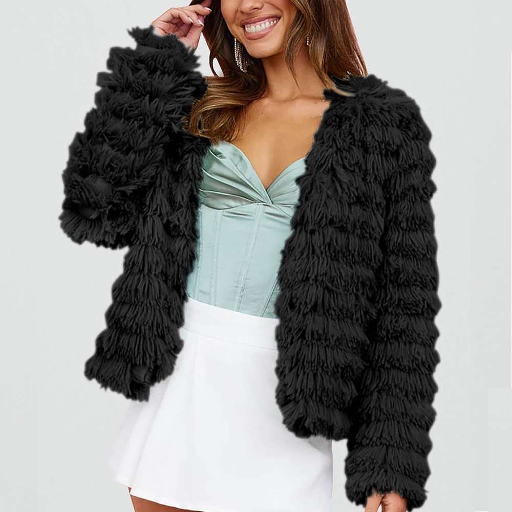 Faux Fur Textured Jacket - S, Black image