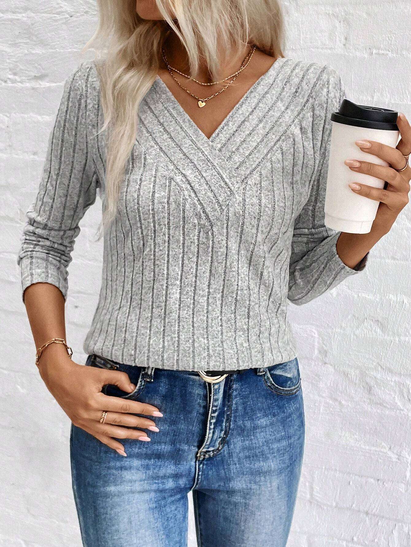 V-Neck Ribbed Sweater with Subtle Stripes - S, Grey image