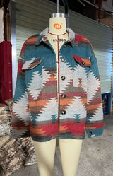 Fashion Vintage Print Long Sleeve Loose Jacket - L, Multi Red image