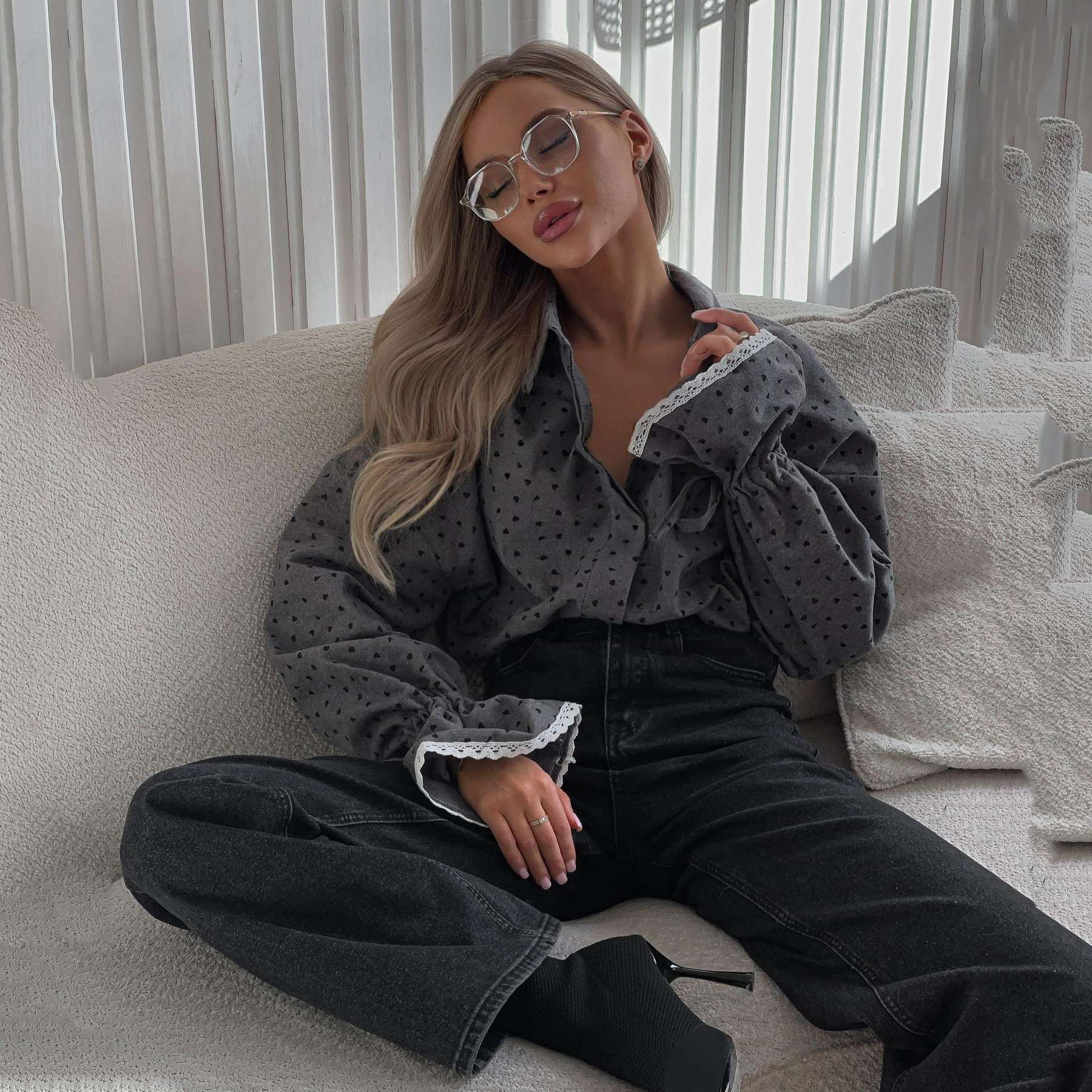 Heart Print Button-Up Top with Lace Trim image 1