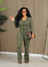 Long Sleeve Top and Pant Two Piece Set - M, Dark Olive Green image