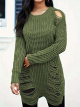 Long Sleeve Ripped Casual Loose Pullover Sweater - XL, Olive Green image
