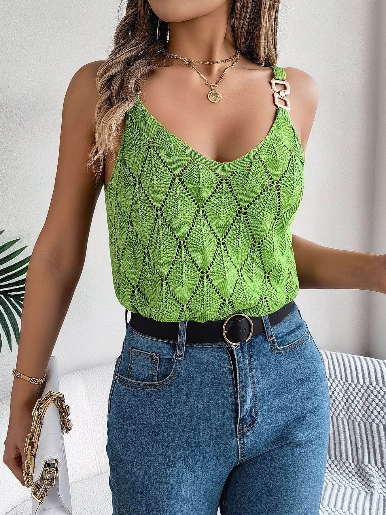 Knit Diamond Pattern Tank Top - M, Green image