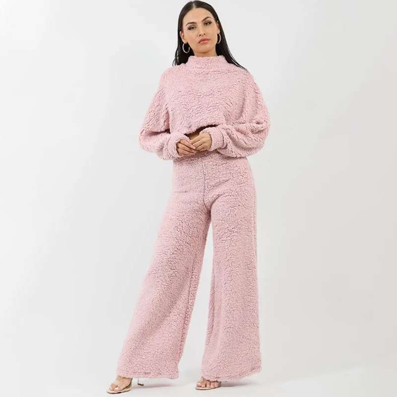 Cropped Top And Wide Leg Pants Lounge Set - L, Sea Pink image