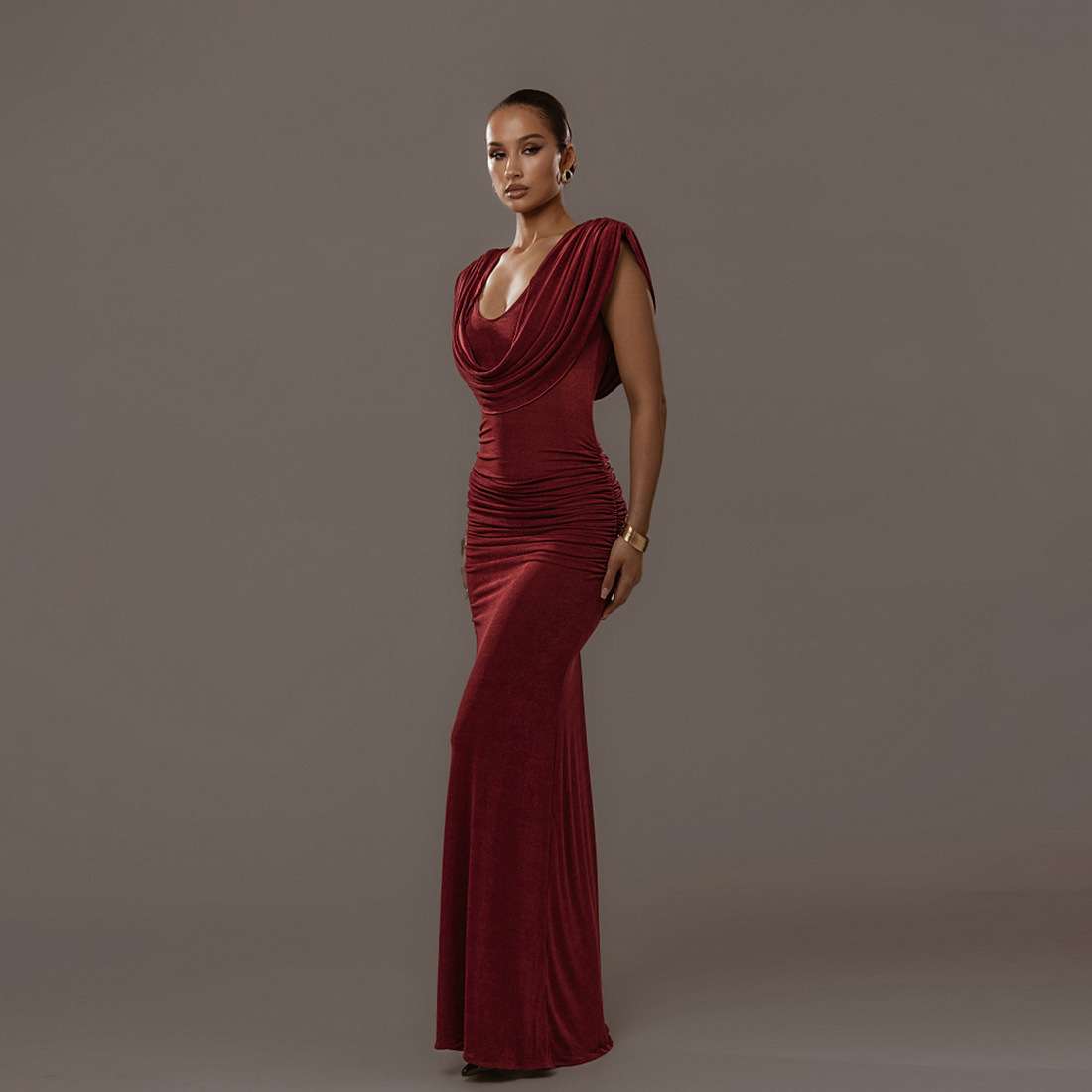Backless Maxi Dress with Draped Detail - L, Wine Red image