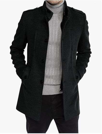 Stand Collar Long Sleeve Mens Trench Coat - L, Black image