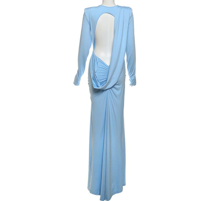 Blue Ruched Long Sleeve Evening Gown image 7