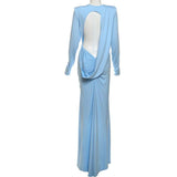 Blue Ruched Long Sleeve Evening Gown image 7