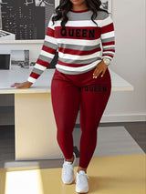 Casual Striped Long Sleeve Jogging Set - XL, Wine Red image