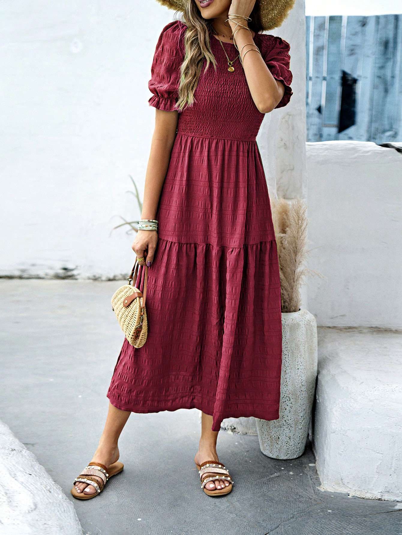 Maxi Dress with Puff Sleeves - L, Red image