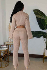 Sexy Knit Long Sleeve Top Two Piece Flared Pants Set image 1