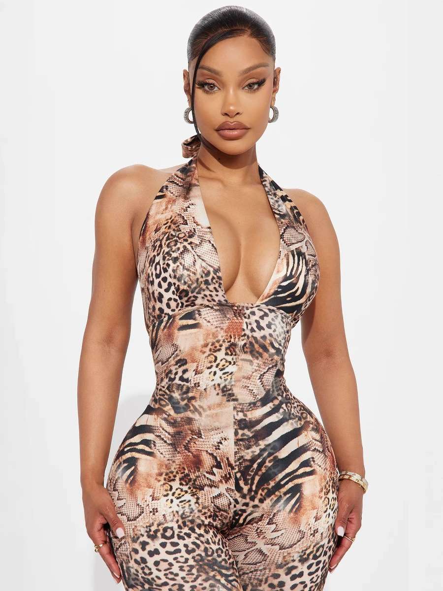 Animal Print Halter Neck Bodycon Jumpsuit - S, Brown image